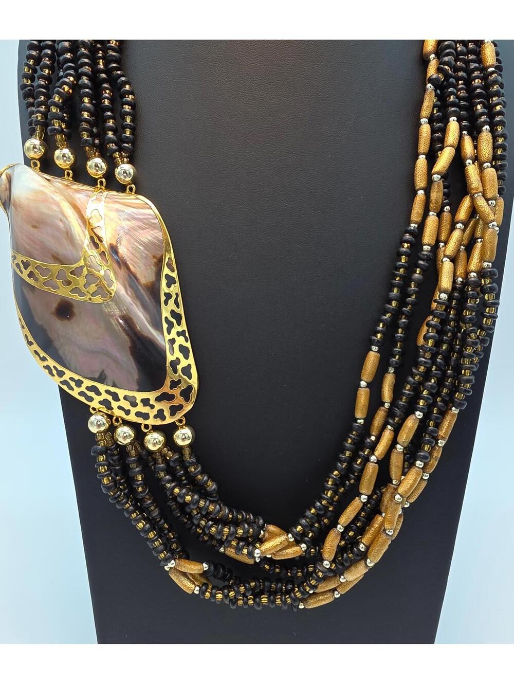 Melo Shell Mother of Pearl Multi Strand Gold Filigree Necklace Black and Gold
